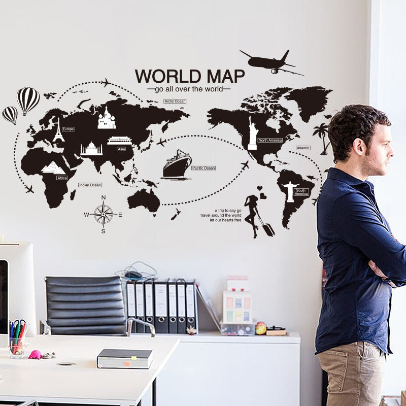 Black World Map Wall Sticker Decoration