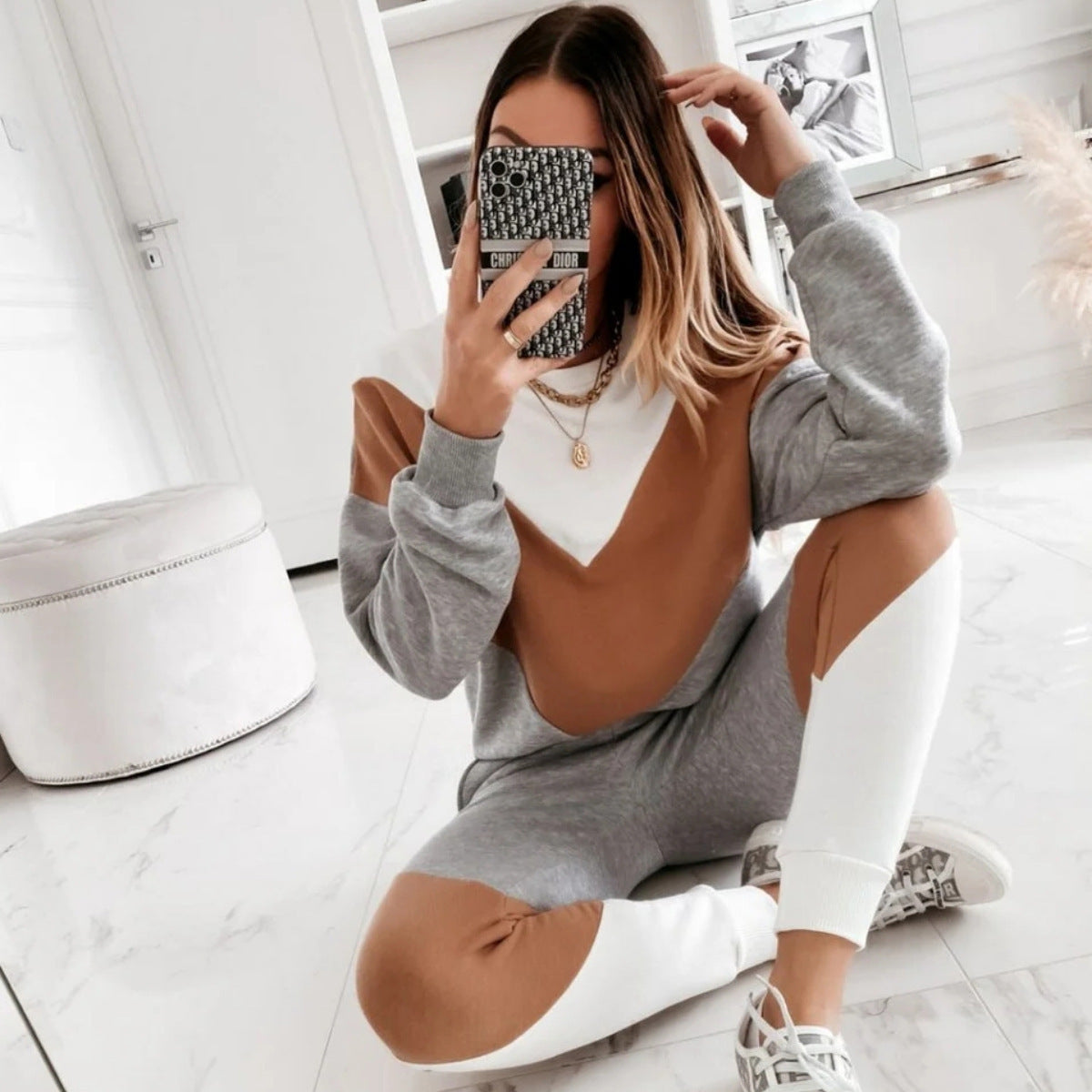 Autumn And Winter Color Matching Sweater Suit