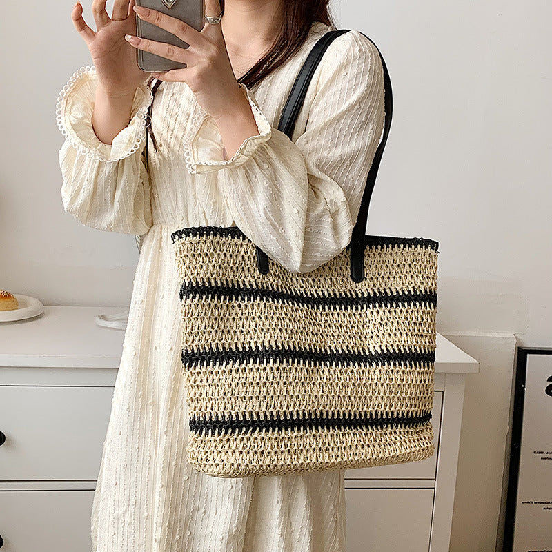 Striped Large-Capacity Casual Straw Bags
