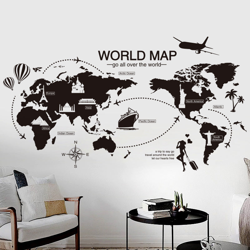 Black World Map Wall Sticker Decoration