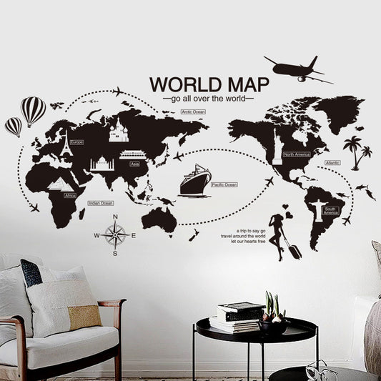 Black World Map Wall Sticker Decoration