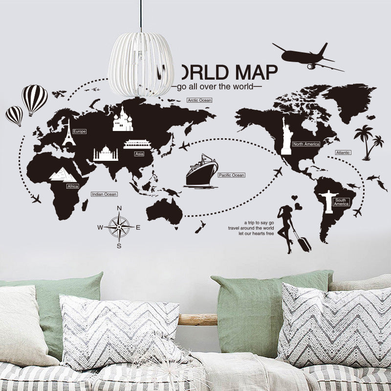 Black World Map Wall Sticker Decoration